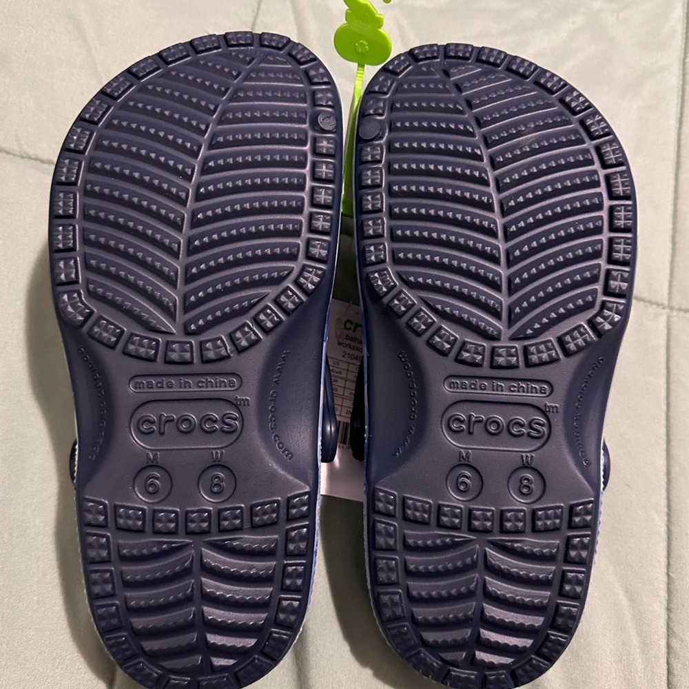 CROCS Blue Plaid Clogs with Gold Charms - Picture 3 of 3